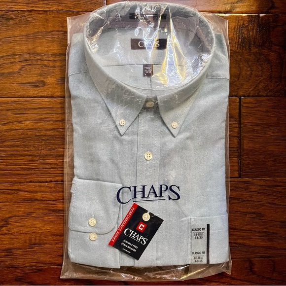 Chaps Men's Blue Button Down Classic Fit Shirt Size Wrinkle Free 18/18.5 34/35 - Picture 7 of 11